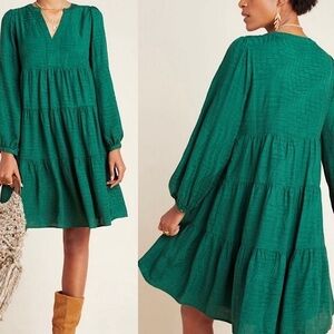 Anthropologie Maeve Amber Tiered Long Sleeve Tunic Babydoll Mini Dress Green XS